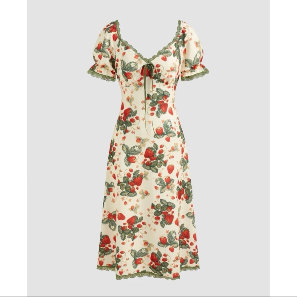 Cider Strawberry Floral Lace Trim Bow Midi Dress Fairy Cottagecore Coquette NEW! - Picture 1 of 16